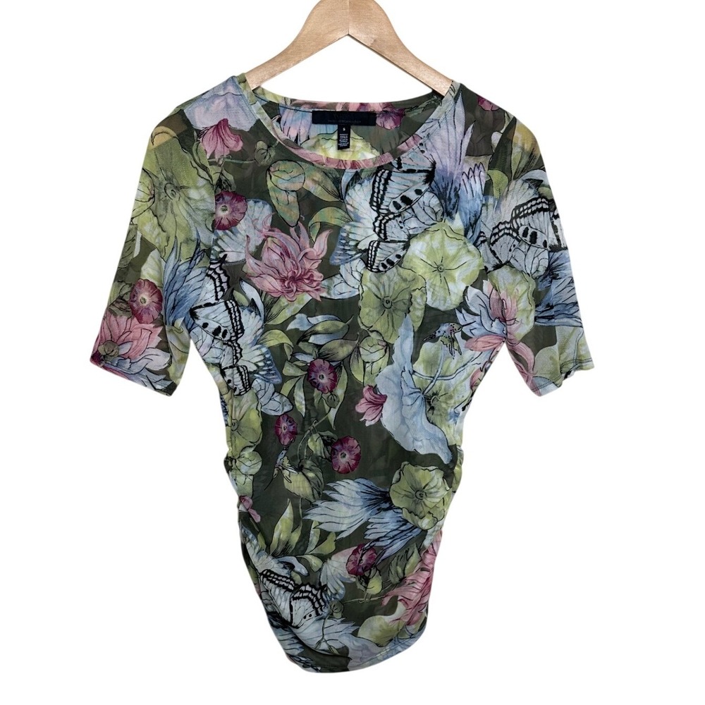 White House Black Market Floral/Butterfly Print Short Sleeve Mesh Top size Small
